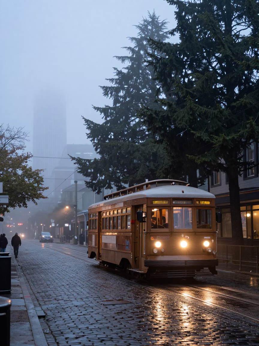 Seattle Nautical Dawn Street Scene with Heritage Tram and Foggy Spruce Trees in in Seattle, Washington, United States