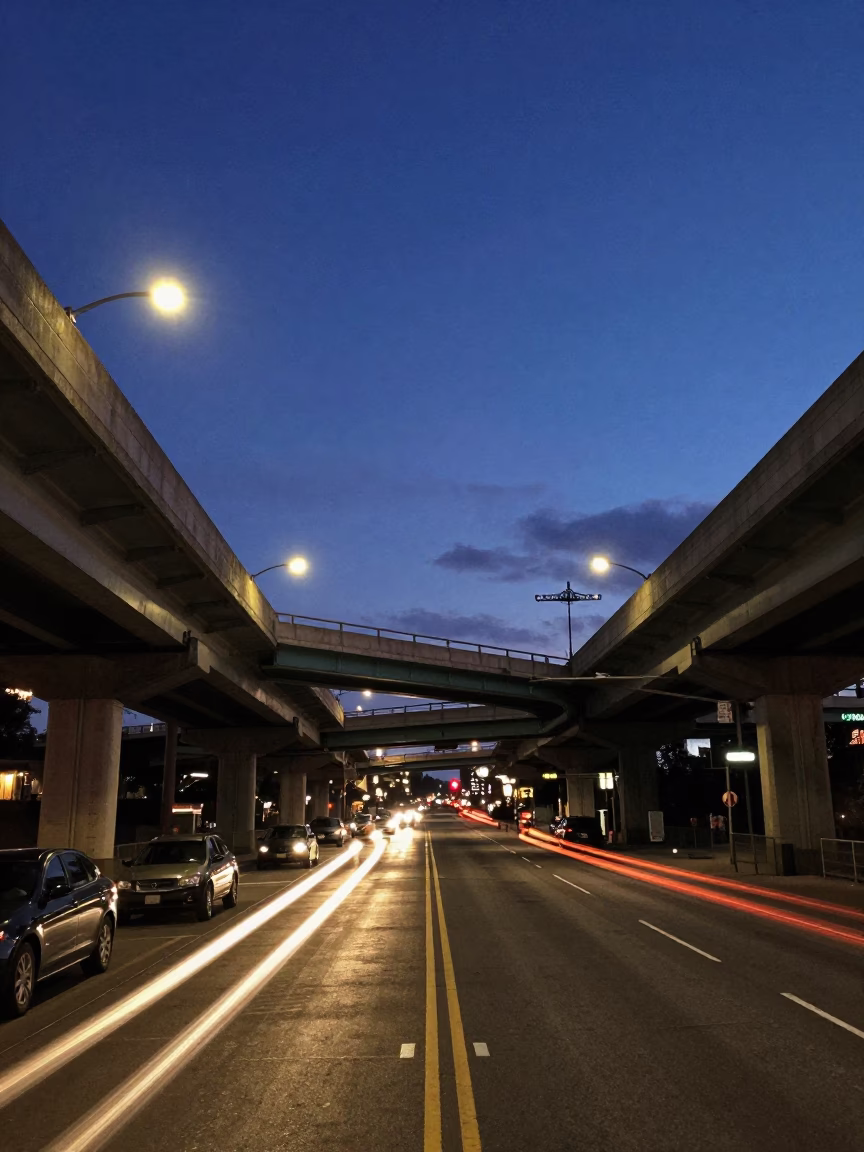 Seattle Nautical Dawn Street Scene with Overpass Interchange and Taillight Streaks in in Seattle, Washington, United States