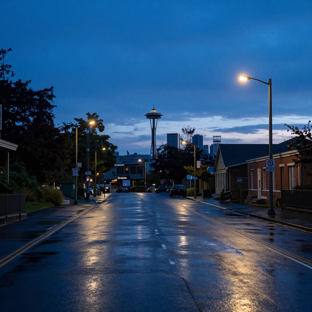 Seattle Nautical Dawn Street Scene with Substation Access Road Puddle and Rain in in Seattle, Washington, United States