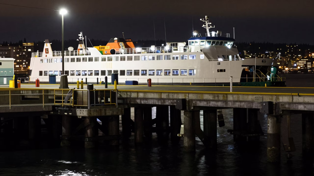 Seattle Night Ferry Ramp and Piling System at Low Tide with Russian Blue Cat in in Seattle, Washington, United States