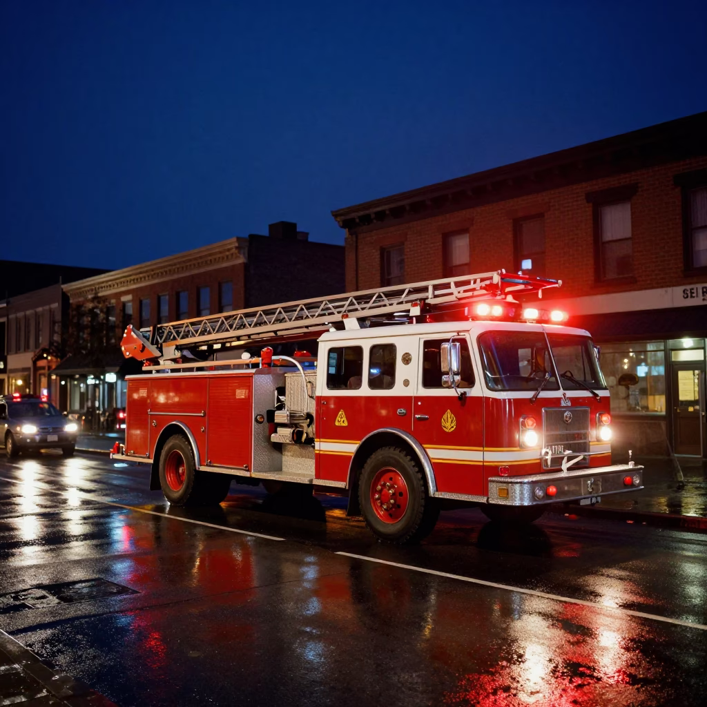Seattle Night Fire Engine Response Urban Street Scene Vintage 1970s Photography in in Seattle, Washington, United States
