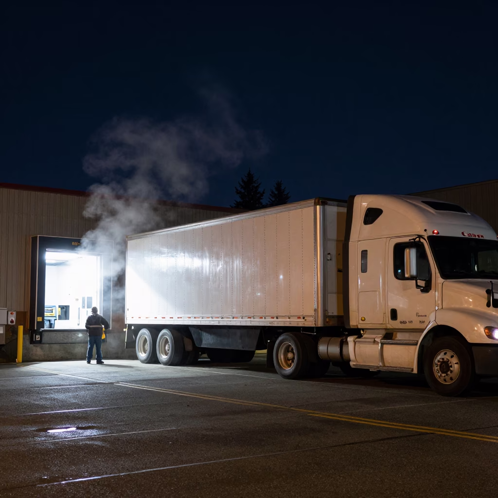 Seattle Night Loading Dock Curry Steam and Semi-Trailer Cargo Operations in in Seattle, Washington, United States