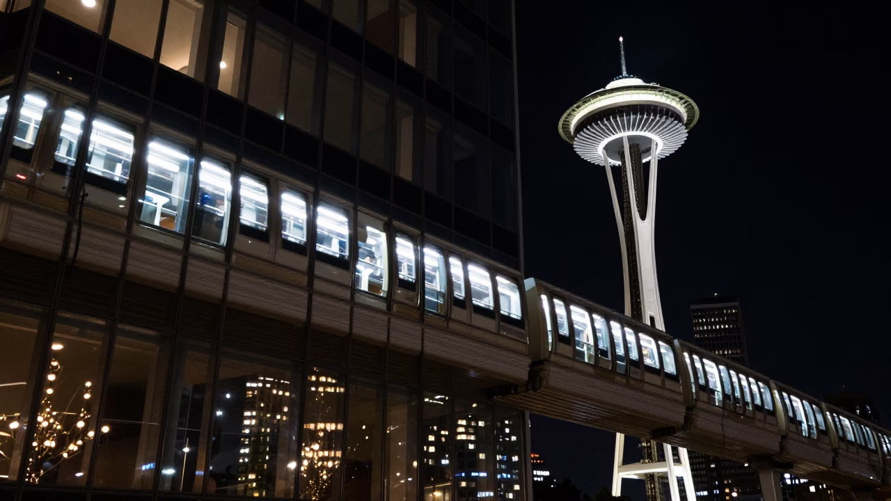 Seattle Night Monorail Reflection in Glass Skyscraper Window Deep in the Night in in Seattle, Washington, United States