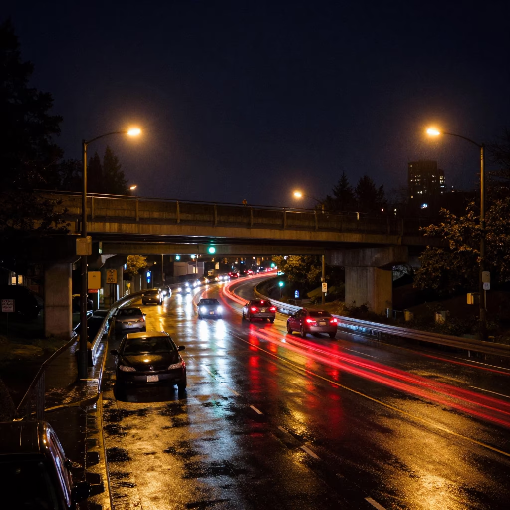 Seattle Night Overpass Interchange Glowing Taillights After Rain in in Seattle, Washington, United States
