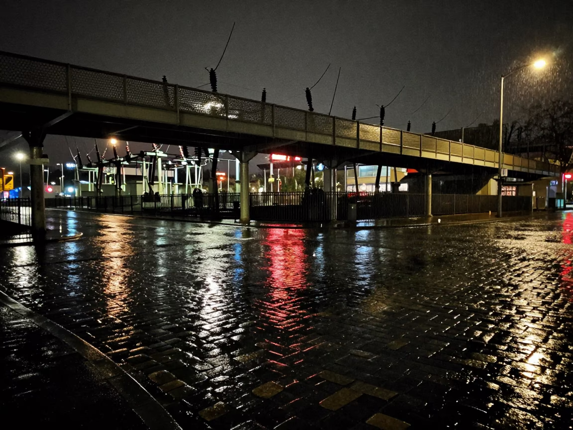 Seattle Night Rain Reflections on Cobblestones Near Substation Insulators in in Seattle, Washington, United States