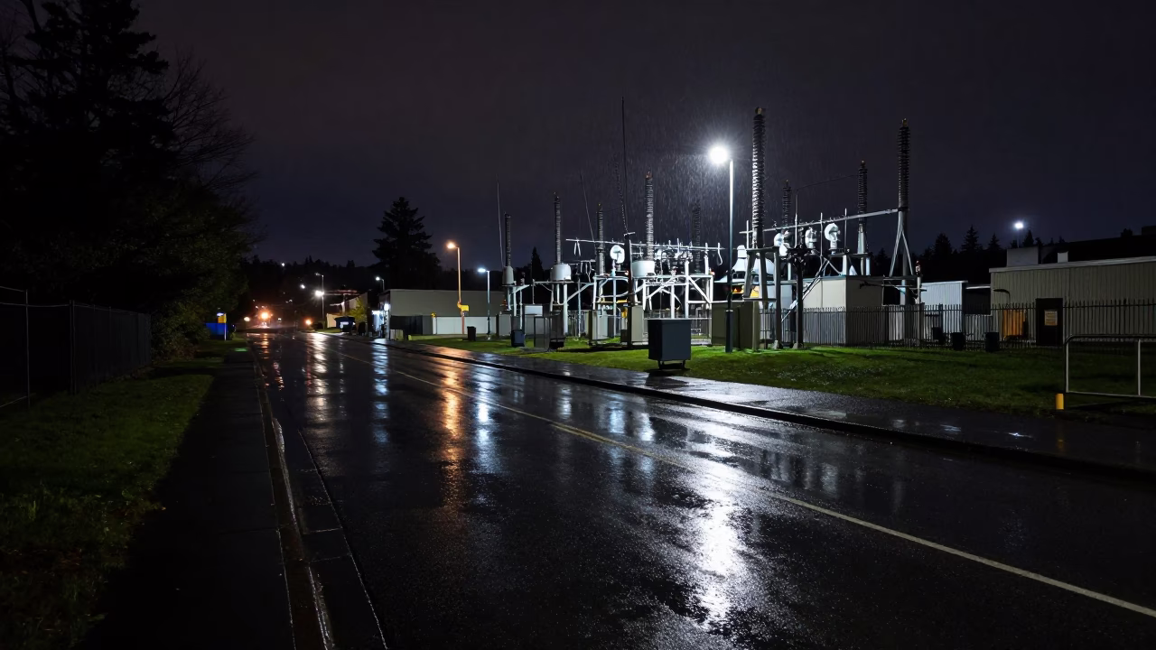Seattle Night Rain Reflections on Substation Access Road with Oil Sheen in in Seattle, Washington, United States