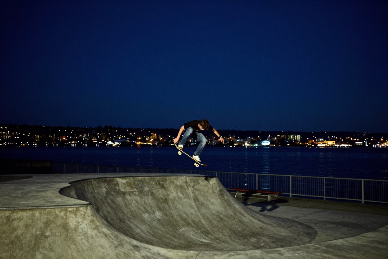 Seattle Night Sky Over Waterfront with Skateboarder Mid-Trick at Pier 62 in in Seattle, Washington, United States