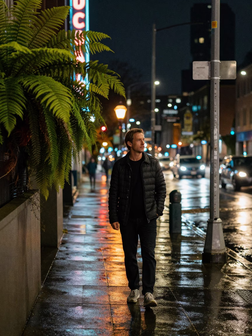 Seattle Night Street Scene with Ferns and Lantern Light in in Seattle, Washington, United States