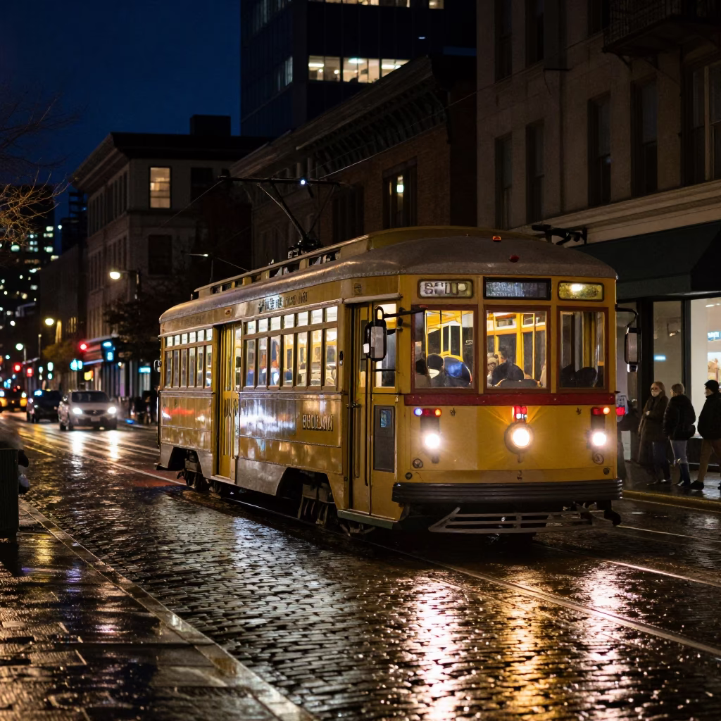 Seattle Night Street Scene with Heritage Tram and Urban Details in in Seattle, Washington, United States