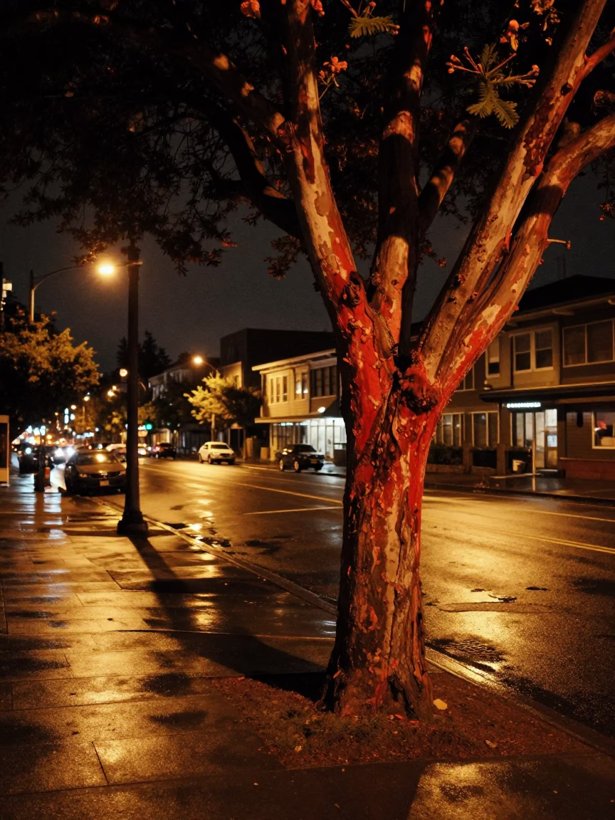 Seattle Night Street Scene with Madrone Tree and Rolling Carts in Fog in in Seattle, Washington, United States