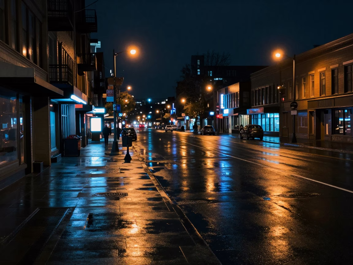 Seattle Night Street Scene with Wet Pavement Reflections and Distant City Lights in in Seattle, Washington, United States