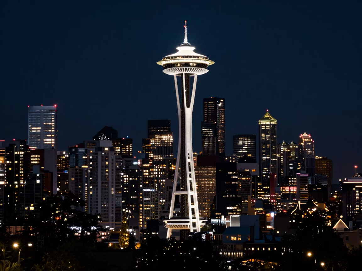 Seattle Night View from Kerry Park with Space Needle Illuminated Against Dark Sky in in Seattle, Washington, United States