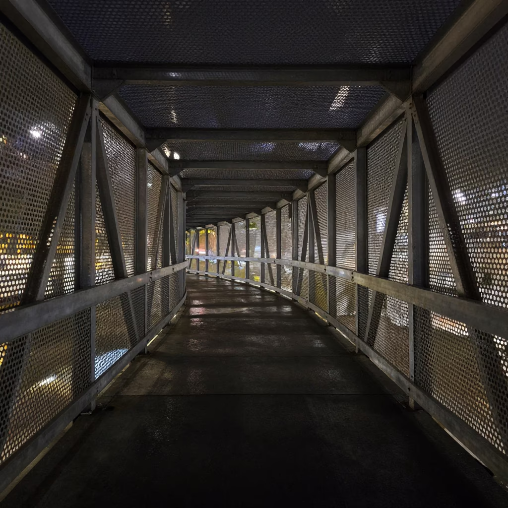 Seattle Night View of Pedestrian Overpass Perforated Metal and Wet Footsteps in Deep Night in in Seattle, Washington, United States