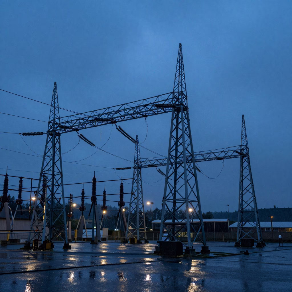 Seattle Power Substation Lattice Under Cobalt Twilight Before Dawn in in Seattle, Washington, United States