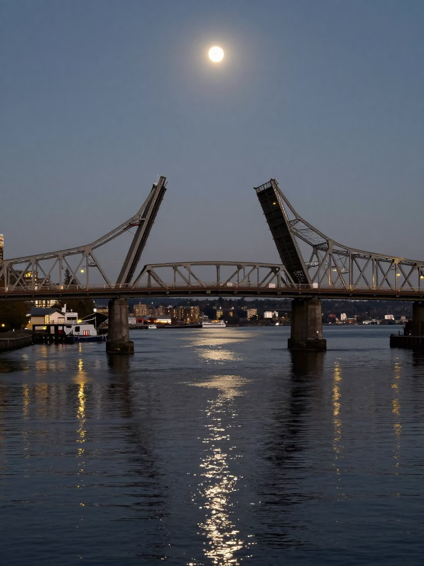 Seattle Pre-Dawn Drawbridge Illuminated by River Reflections and Urban Mist in in Seattle, Washington, United States
