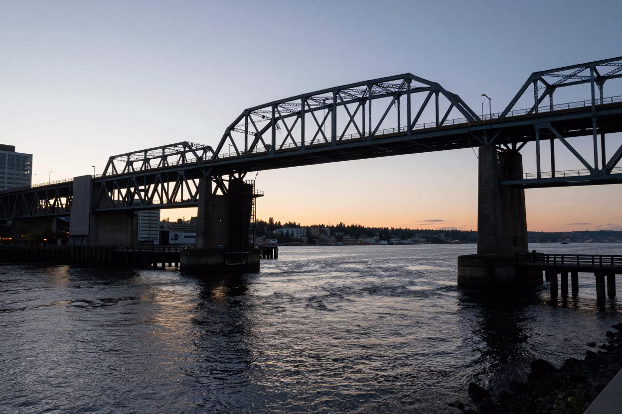 Seattle Pre-Dawn Drawbridge Lifting Over Dark Tidal Channel Before Sunrise in in Seattle, Washington, United States