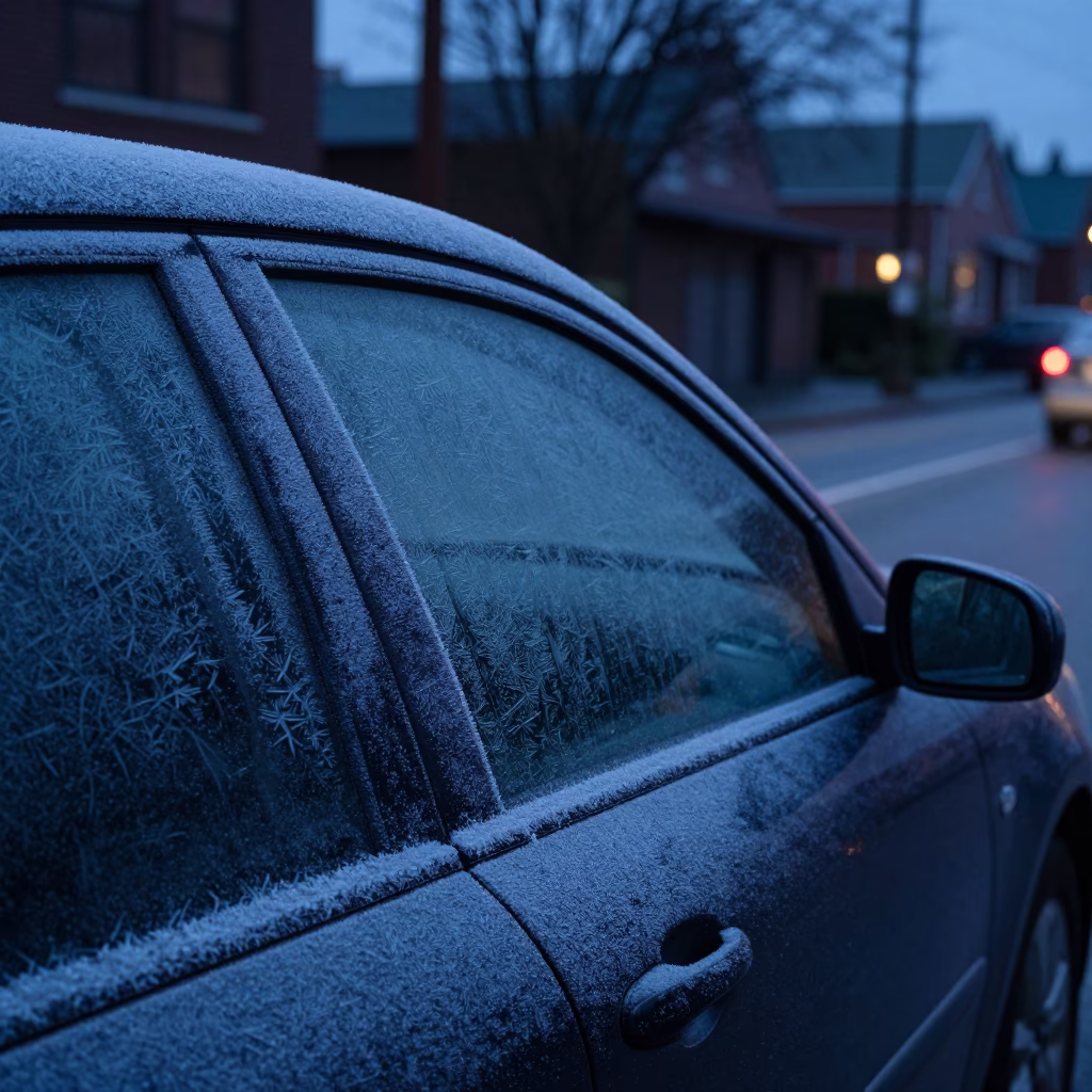 Seattle Pre-Dawn Street Scene with Frost on Car Window and Vintage Bakelite Telephone in in Seattle, Washington, United States