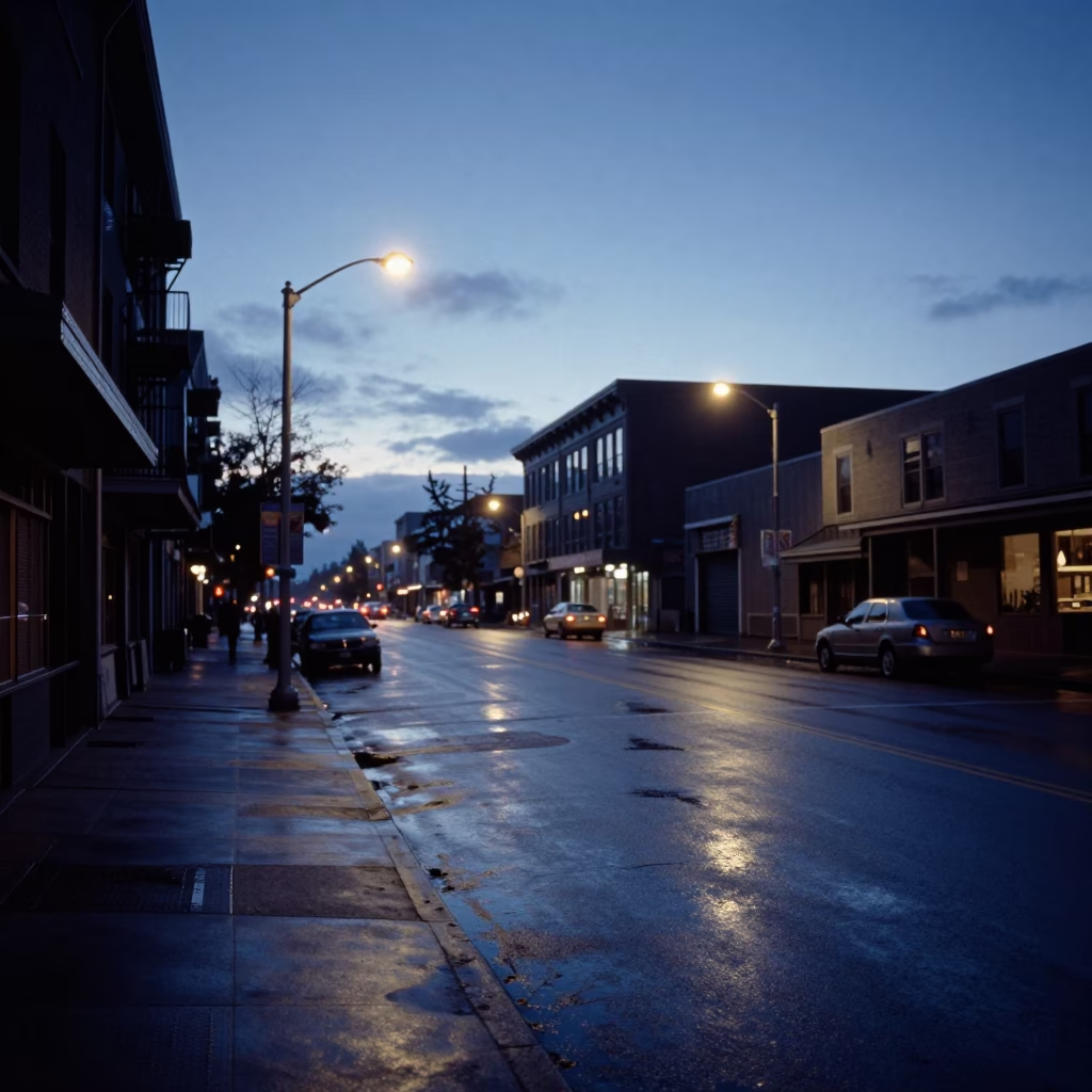 Seattle Pre-Dawn Street Scene with Vintage 1970s Elements and Urban Details in in Seattle, Washington, United States