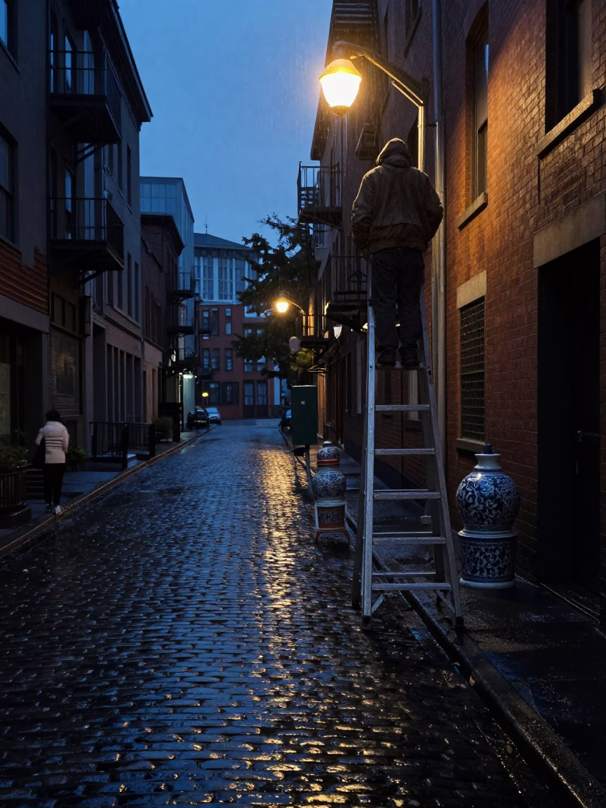 Seattle Predawn Street Corner with Step Ladder and Ceramic Pitcher in Rain in in Seattle, Washington, United States