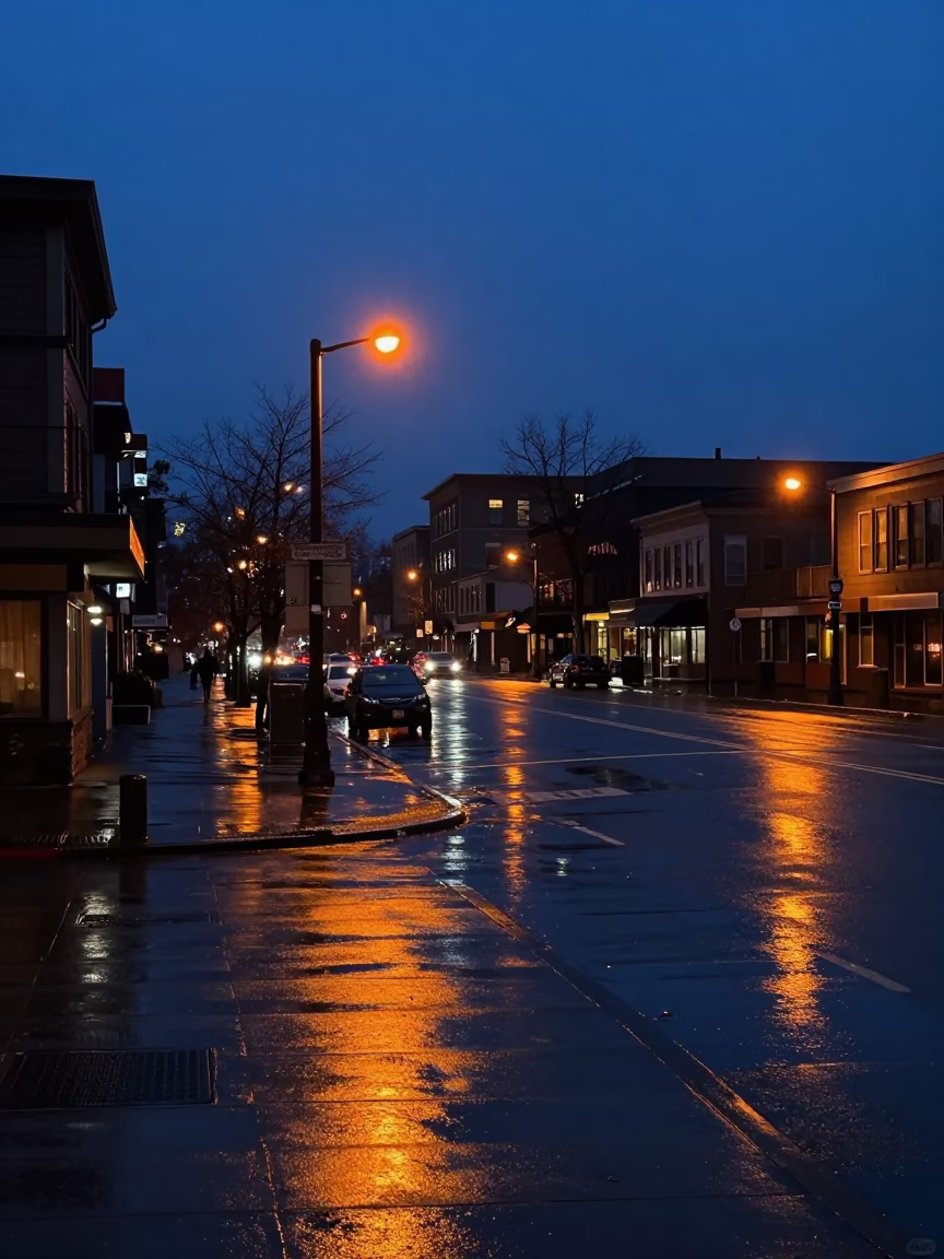 Seattle Predawn Street Scene with Rain-Slicked Pavement and City Lights in in Seattle, Washington, United States