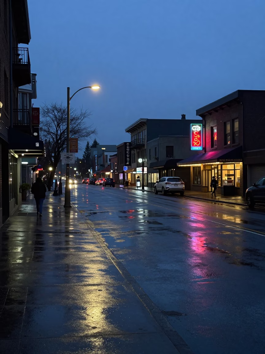 Seattle Predawn Street Scene with Wet Pavement Reflections and Urban Solitude in in Seattle, Washington, United States