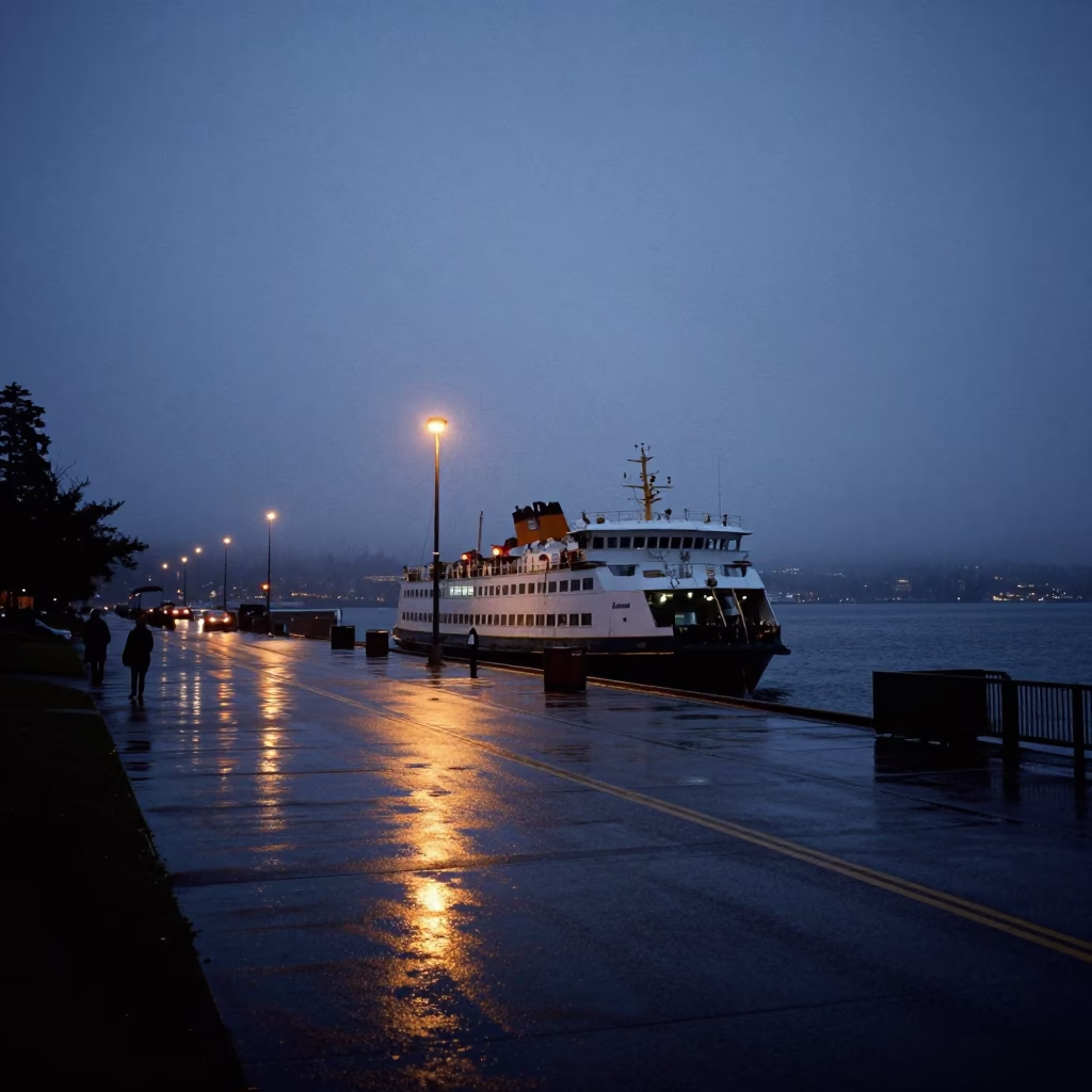 Seattle Predawn Waterfront View with Ferry and Rain-Slicked Streets in in Seattle, Washington, United States