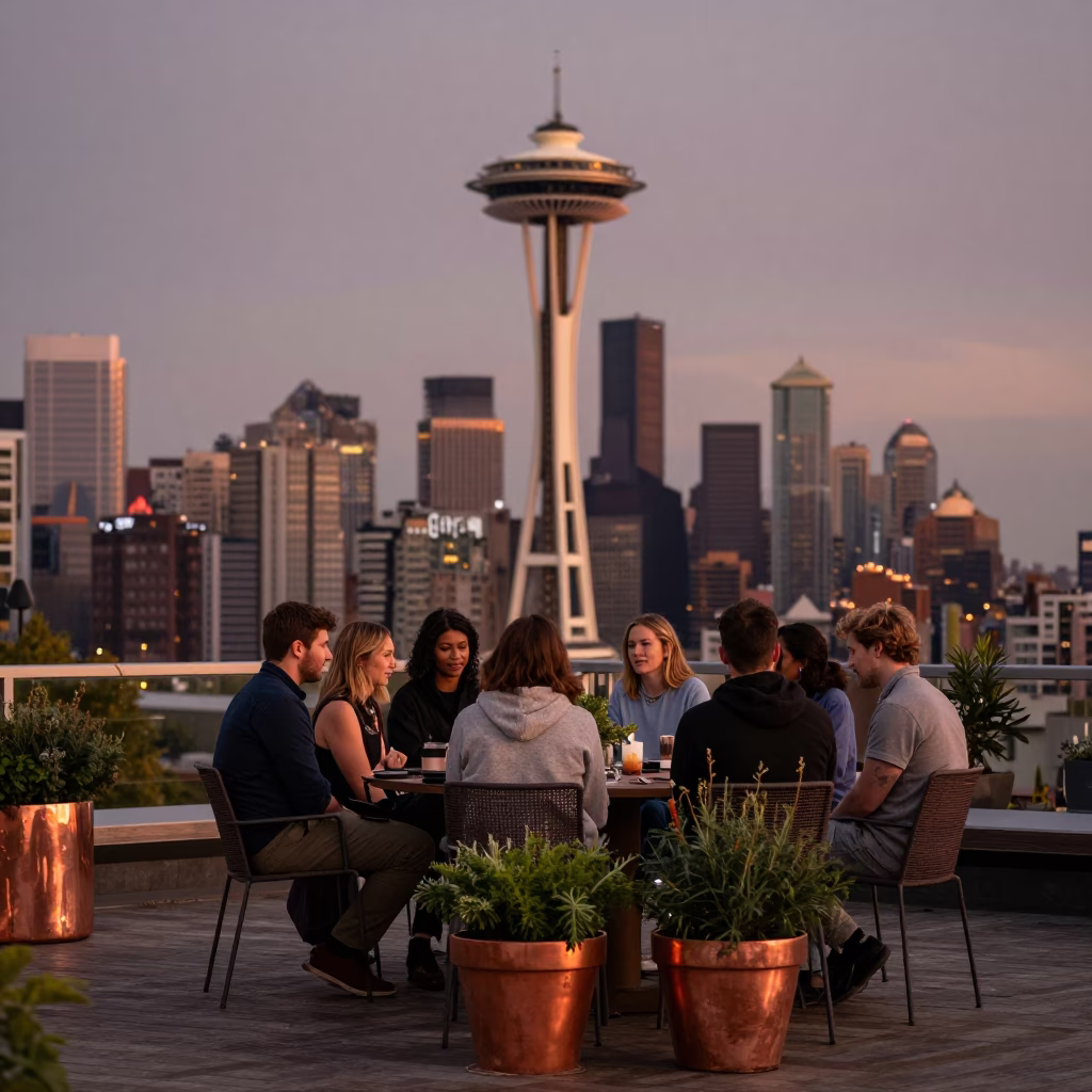 Seattle Rooftop Dusk Gathering with Potted Herbs and Copper Light in in Seattle, Washington, United States