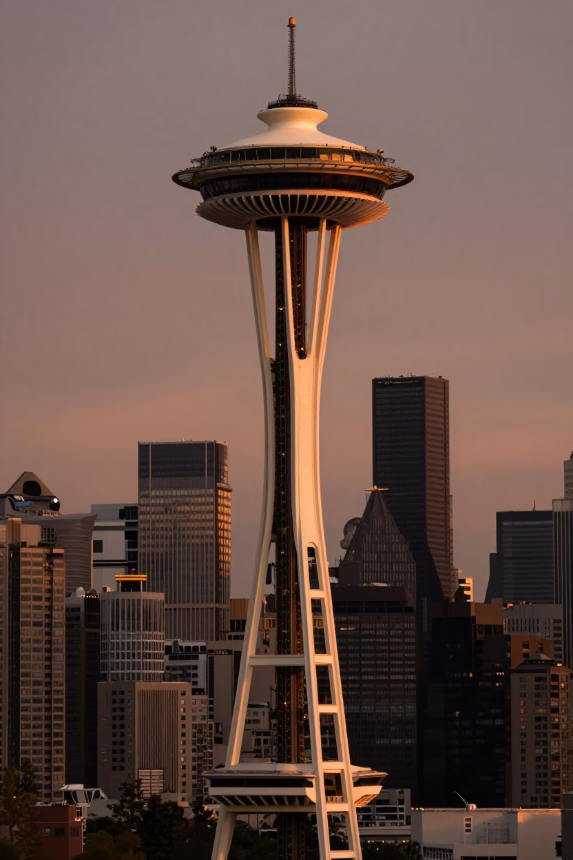 Seattle Space Needle and Downtown Skyline in Copper Dusk Light with Urban Street Scene in in Seattle, Washington, United States