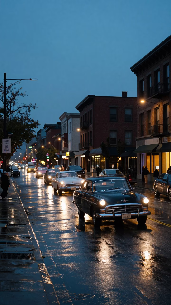 Seattle Street Scene at Dusk with Vintage Car Rally and City Lights in in Seattle, Washington, United States
