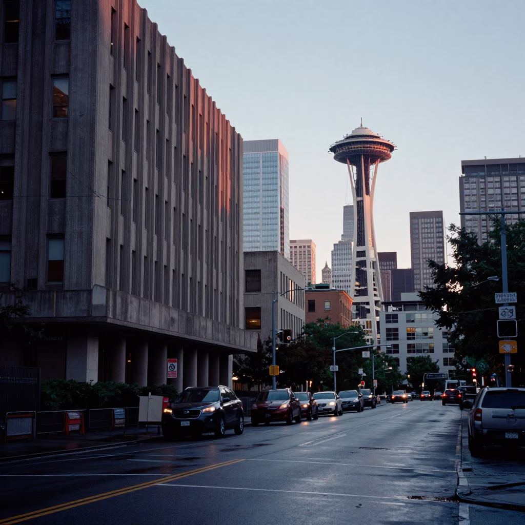 Seattle Street Scene at First Light Of Dawn in in Seattle, Washington, United States