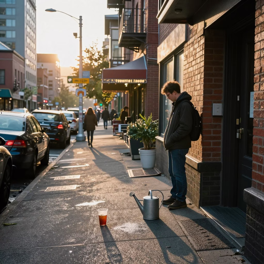 Seattle Street Scene Just After Sunrise with Watering Can and Carafe on Sidewalk in in Seattle, Washington, United States