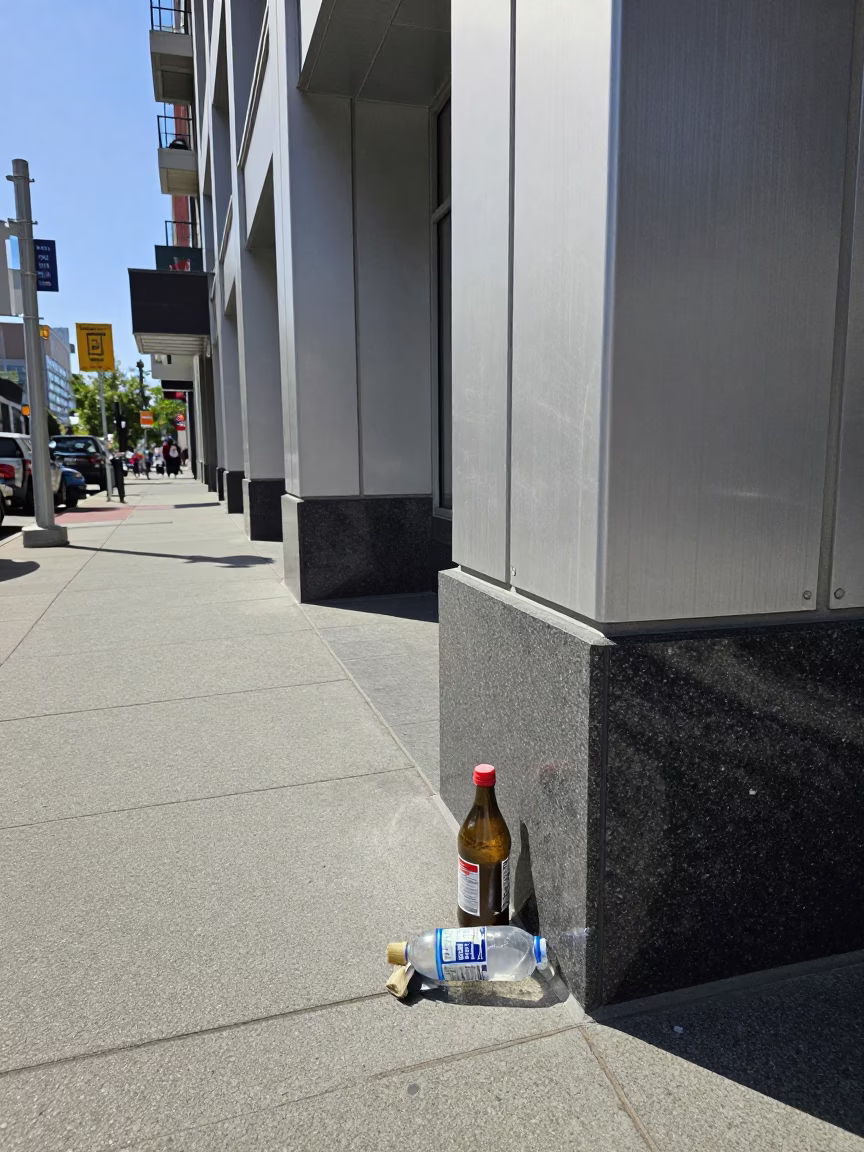 Seattle Street Scene with Bottle and Brushed Steel Details in Bright Midmorning Light in in Seattle, Washington, United States