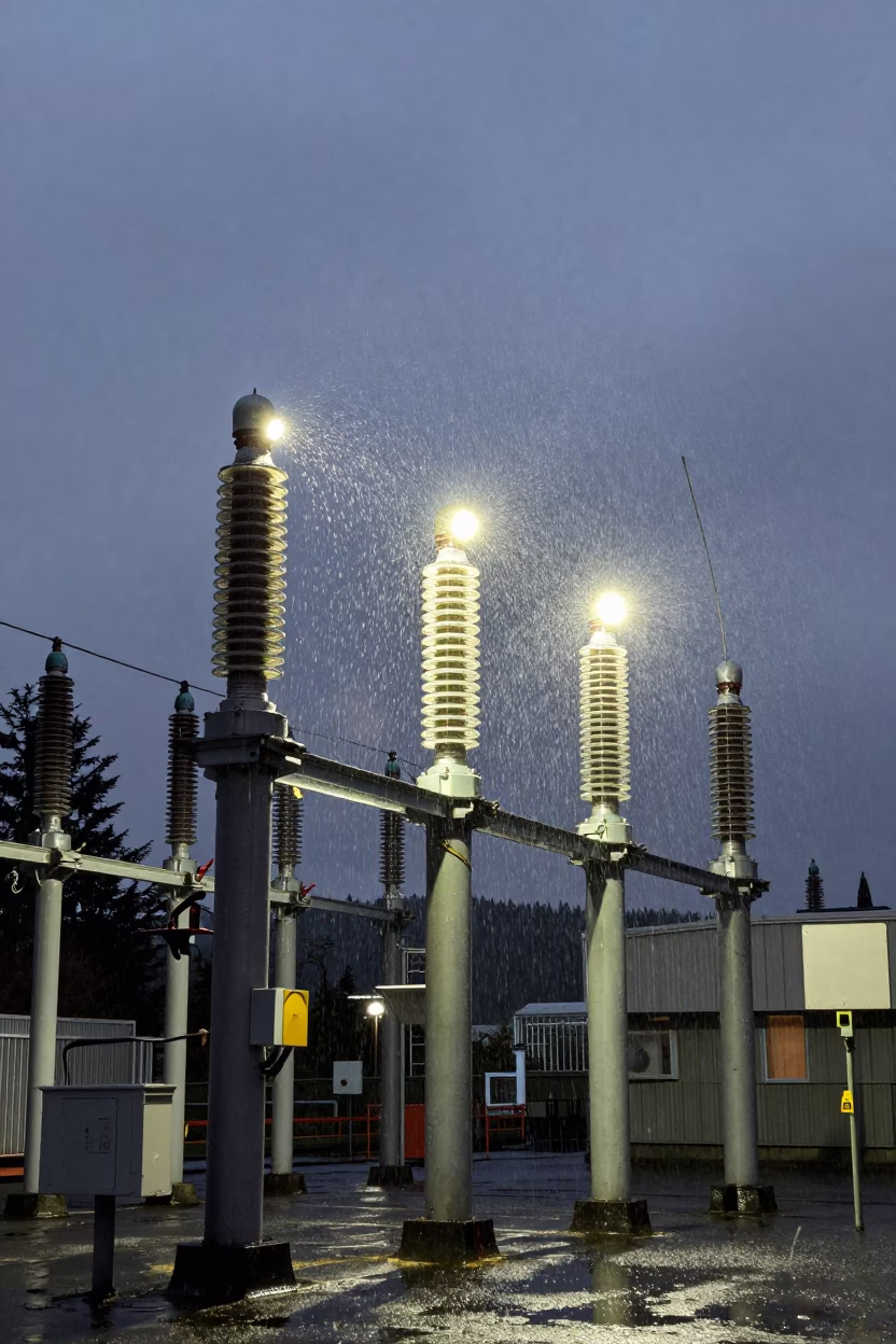Seattle Substation Insulators Sparkling Under Floodlights in Honeyed Evening Light in in Seattle, Washington, United States