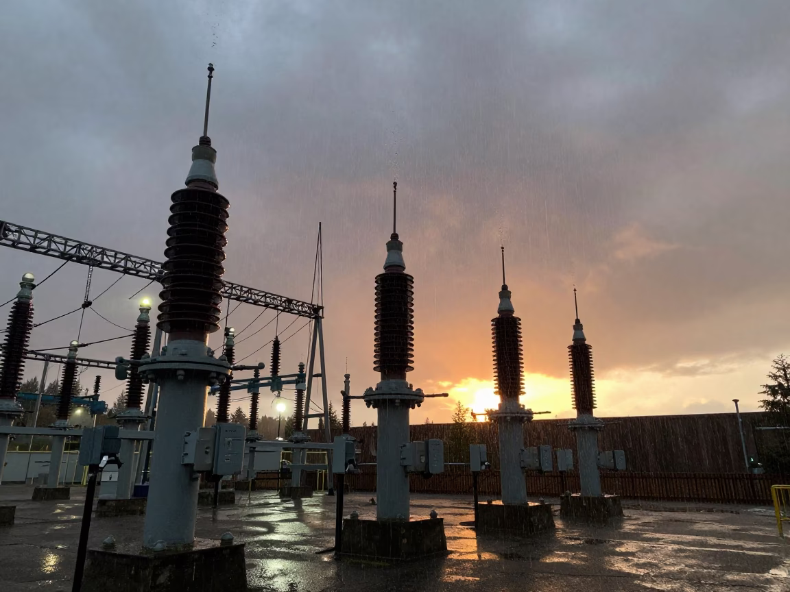Seattle Substation Insulators Sparkling with Rain Under Floodlights at Sunset in in Seattle, Washington, United States
