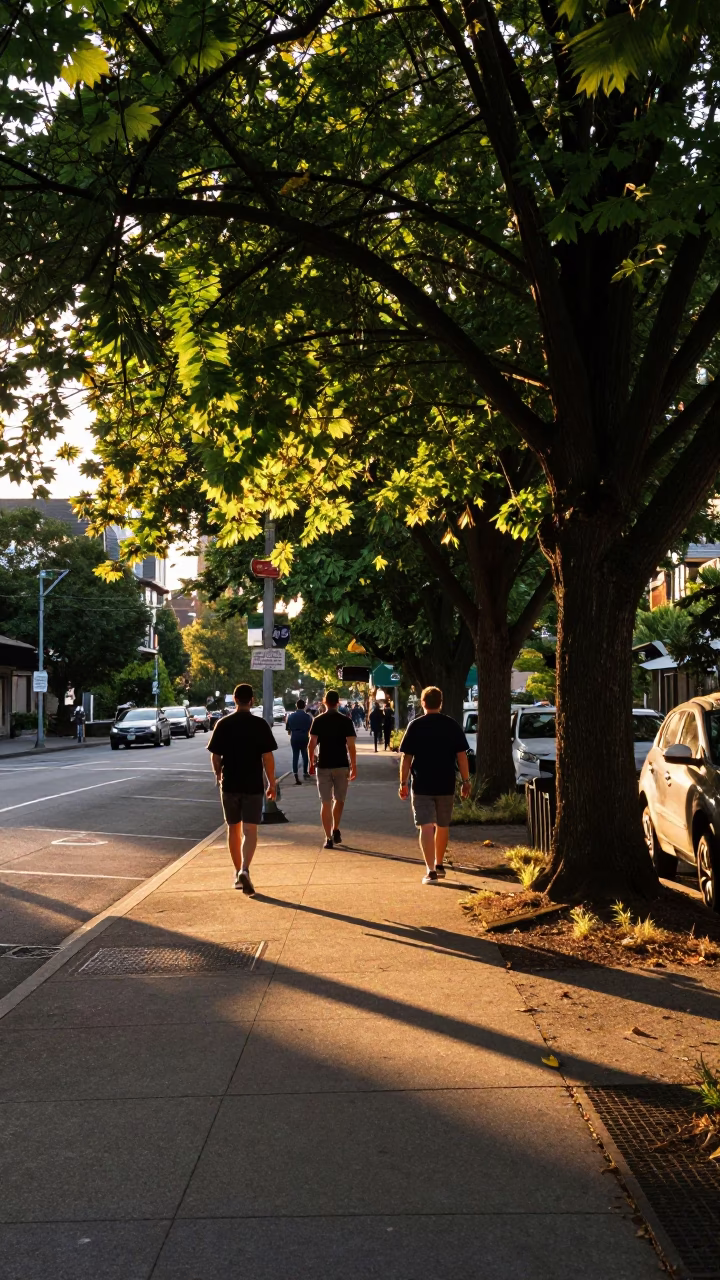 Seattle Summer Evening Street Scene with Dappled Shadows and Local Life in in Seattle, Washington, United States