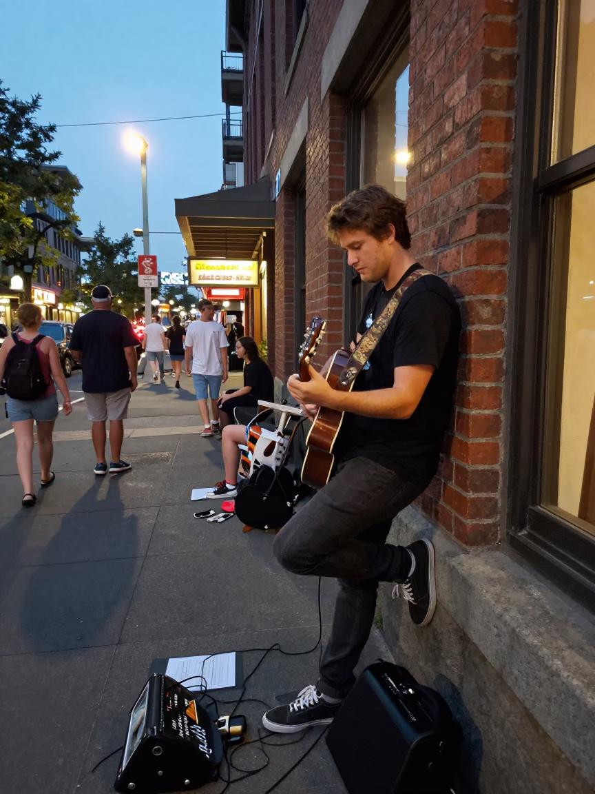 Seattle Summer Evening Street Scene with Local Musician and Potted Herbs in in Seattle, Washington, United States