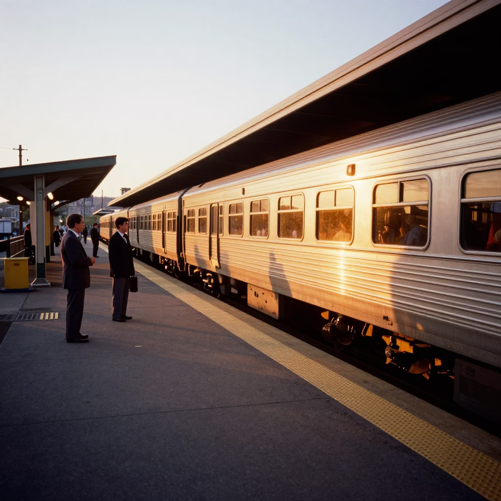 Seattle Sunset Commuter Train at Platform with Morning Commuters in in Seattle, Washington, United States