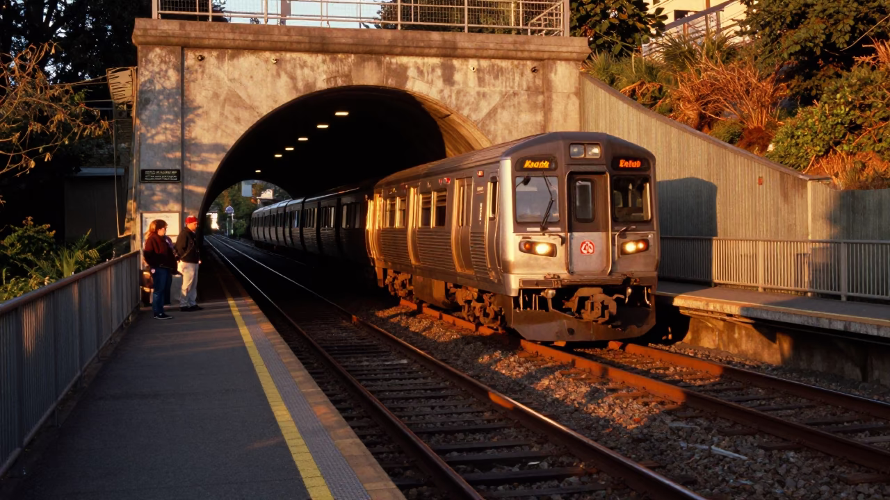 Seattle Sunset Commuter Train Emerging from Tunnel into Golden Light at Platform in in Seattle, Washington, United States