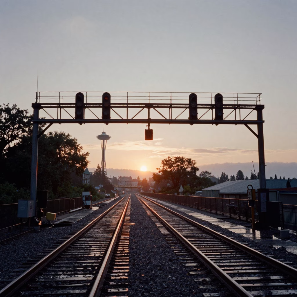 Seattle Sunset Signal Gantry Above Parallel Rail Lines in Mist in in Seattle, Washington, United States