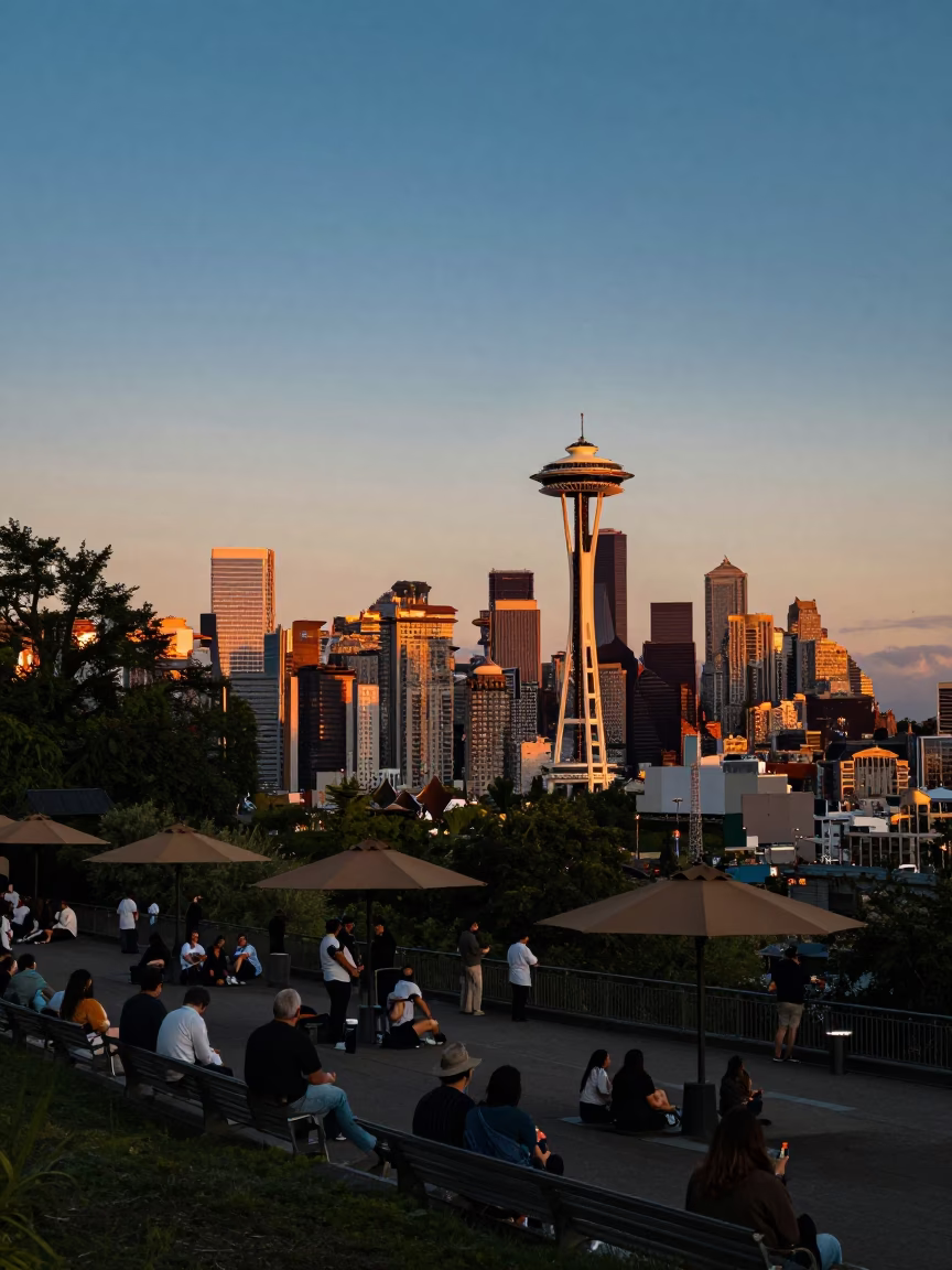 Seattle Sunset Skyline View from Kerry Park with Umbrellas and Rain Gear in in Seattle, Washington, United States
