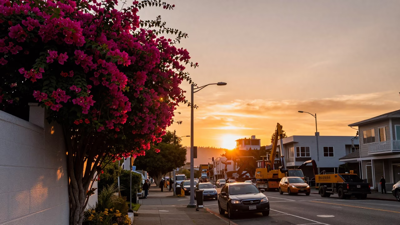 Seattle Sunset Street Scene with Bougainvillea and Construction Activity in in Seattle, Washington, United States