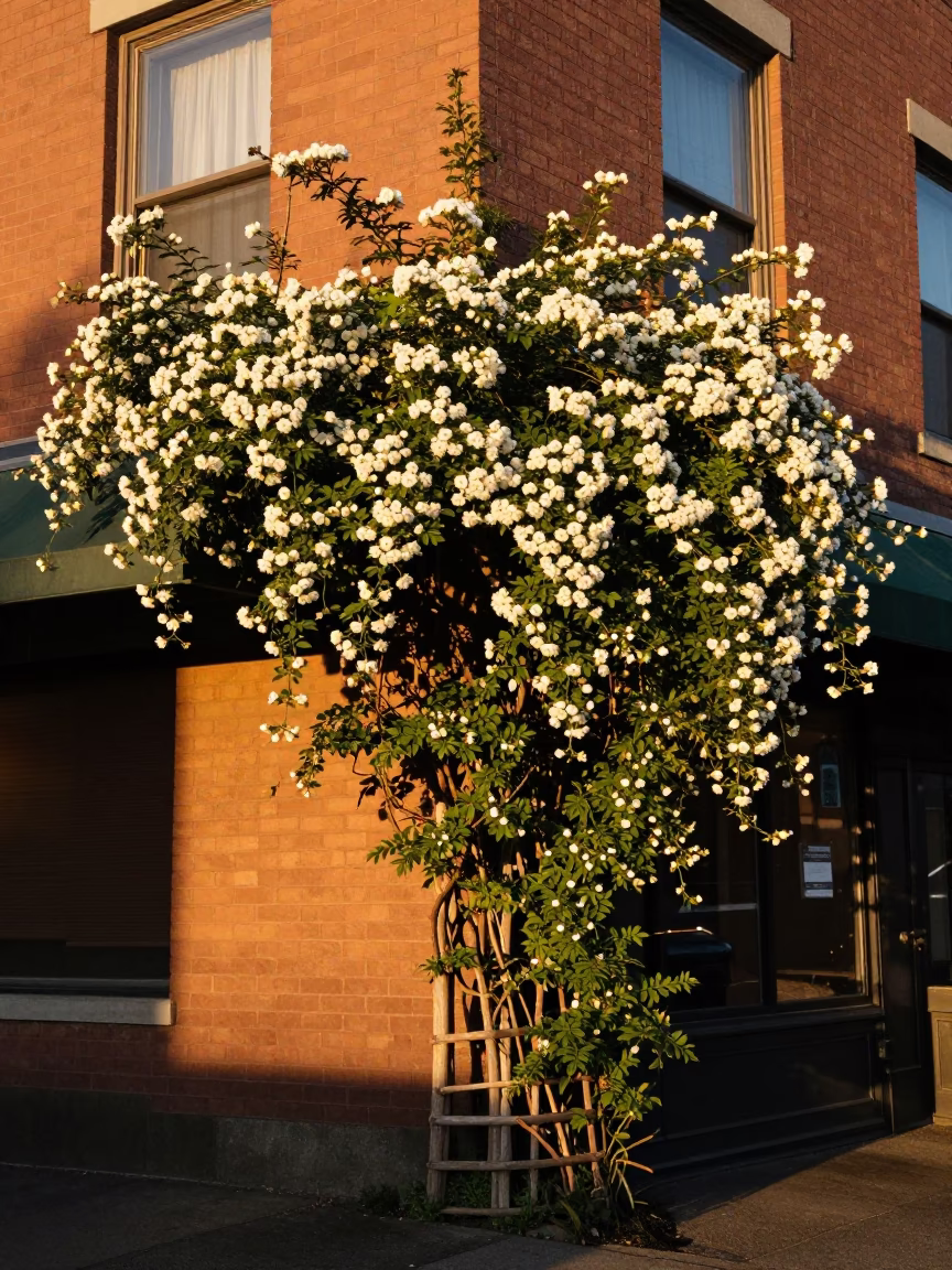 Seattle Sunset Street Scene with Climbing Jasmine Trellis and Urban Architecture in in Seattle, Washington, United States