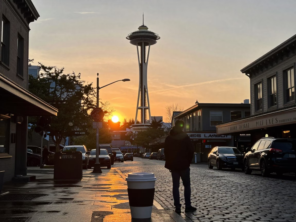 Seattle Sunset Street Scene with Coffee Cup and Urban Skyline in in Seattle, Washington, United States