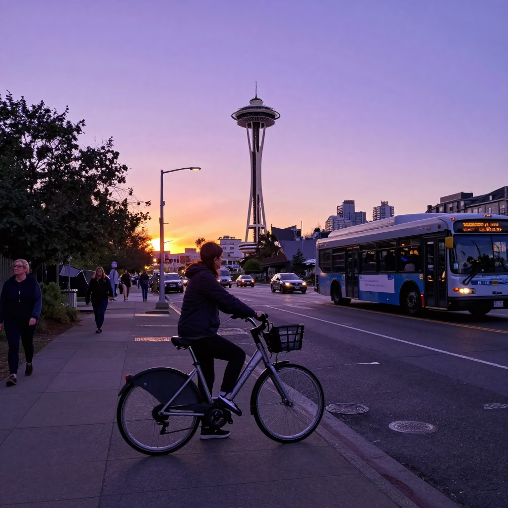 Seattle Sunset Street Scene with Commuter Bicycle and Urban Infrastructure in in Seattle, Washington, United States