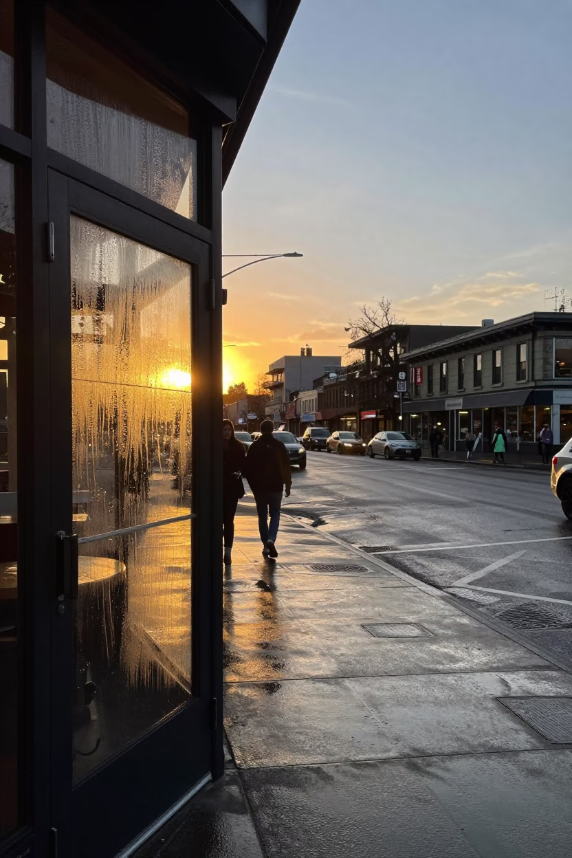 Seattle Sunset Street Scene with Condensation on Glass and Urban Details in in Seattle, Washington, United States