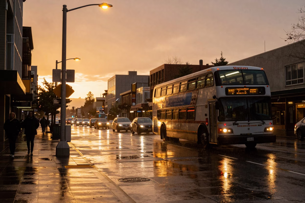 Seattle Sunset Street Scene with Double-Decker Bus and Rainy Bus Stop in in Seattle, Washington, United States