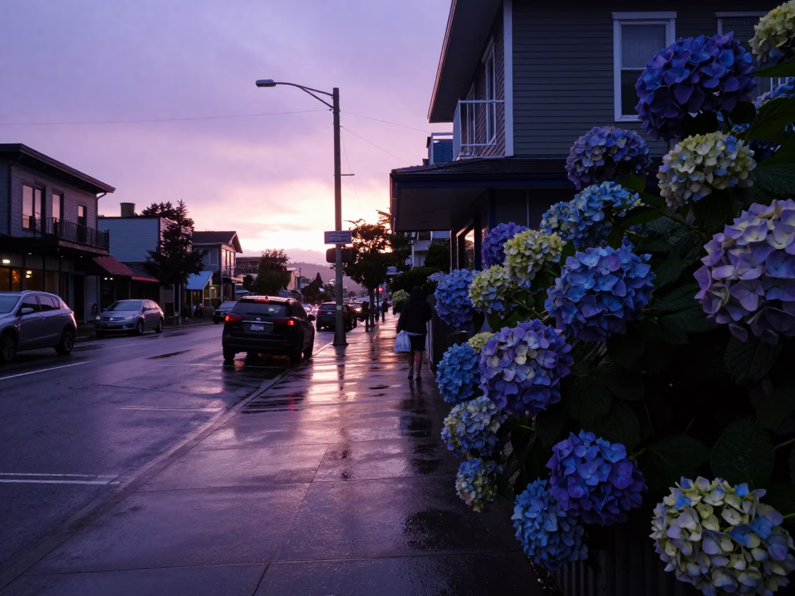 Seattle Sunset Street Scene with Hydrangeas and Local Details in in Seattle, Washington, United States