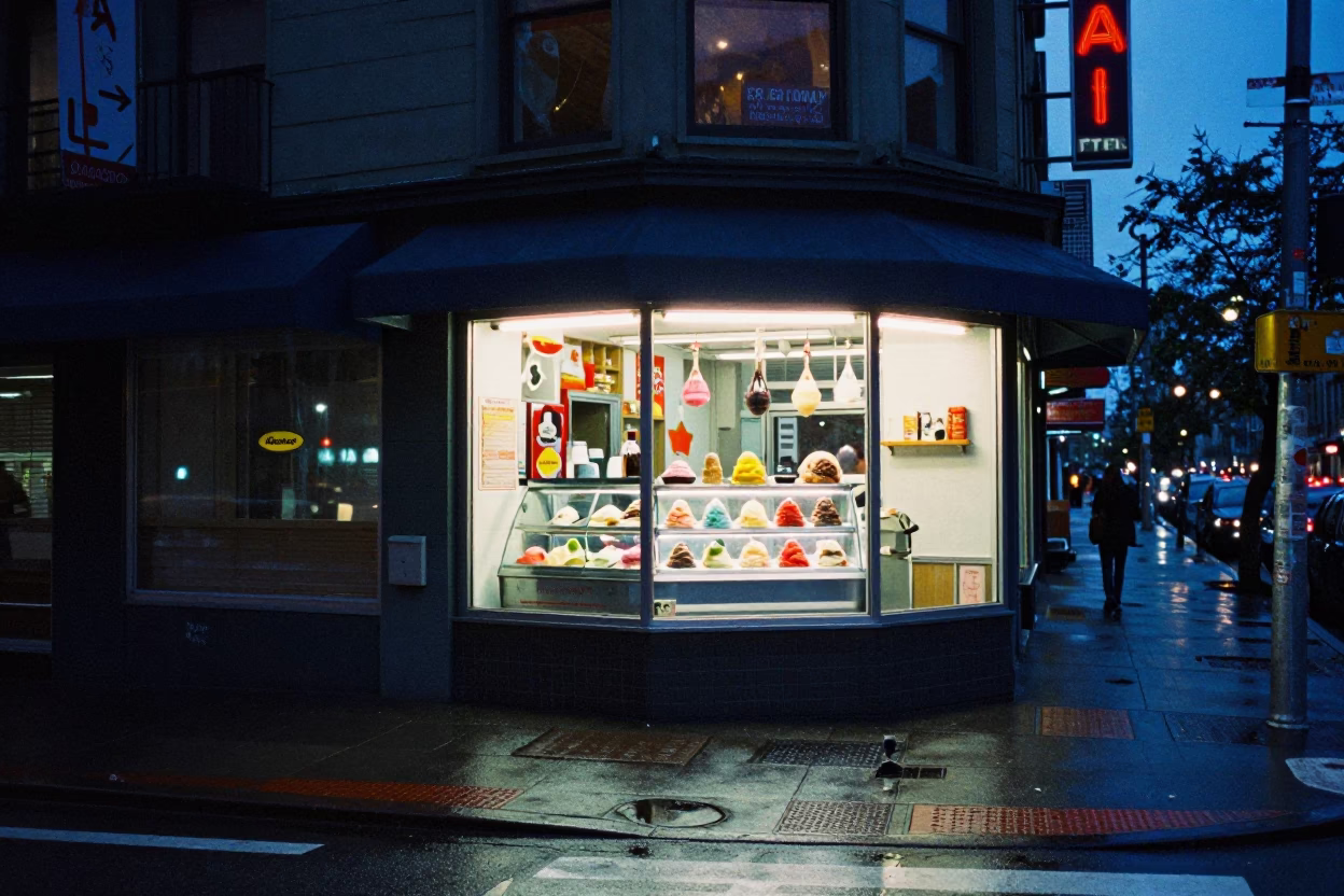 Seattle Twilight Street Scene with Gelato Display and Urban Architecture in in Seattle, Washington, United States