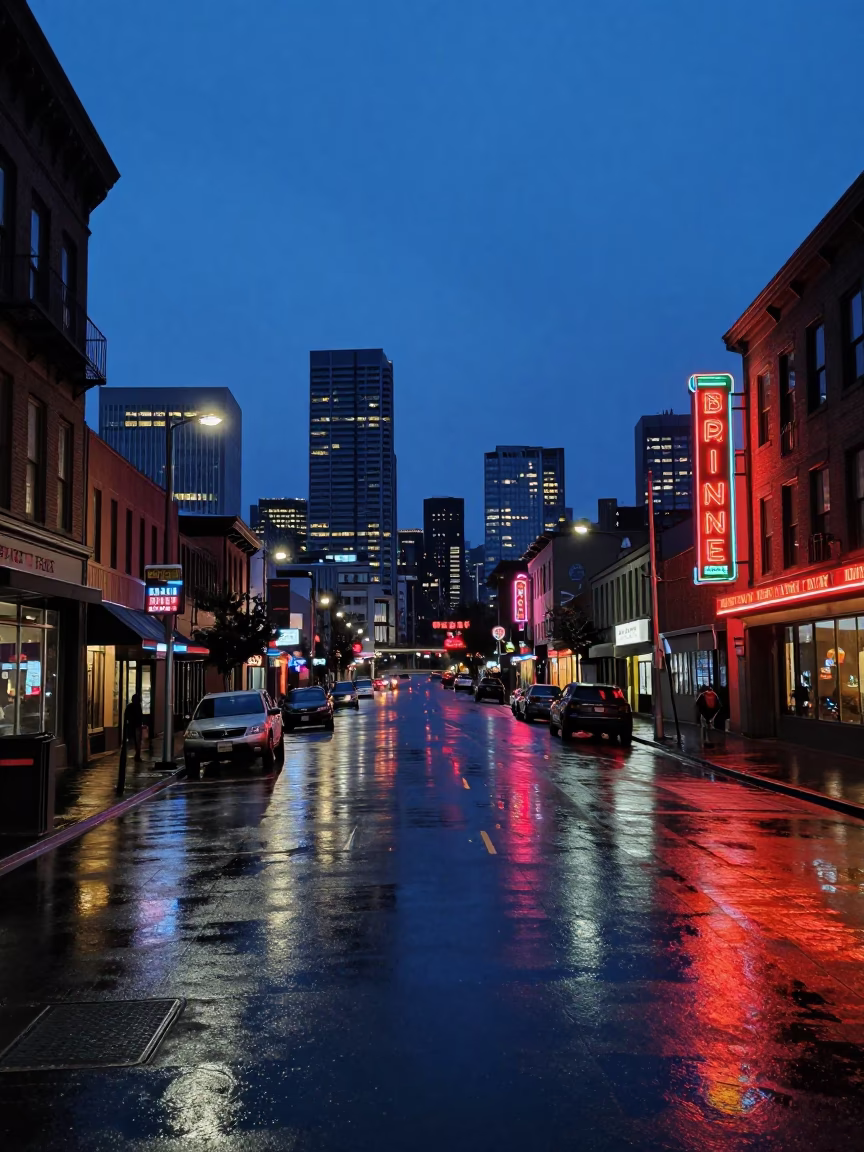 Seattle Twilight Street Scene with Neon Signs and Rain Slicked Pavement in in Seattle, Washington, United States