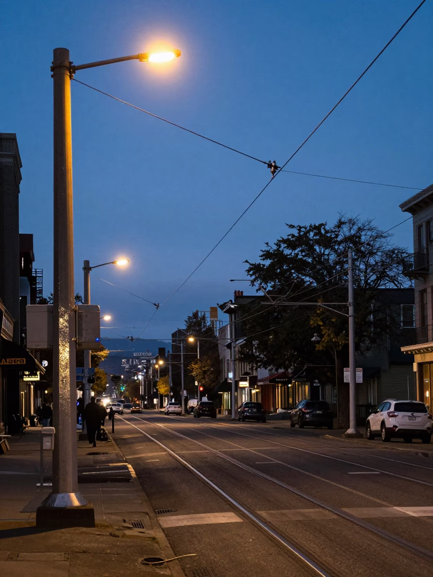 Seattle Twilight Street Scene with Rail Catenary System Receding Through Industrial Fog in in Seattle, Washington, United States